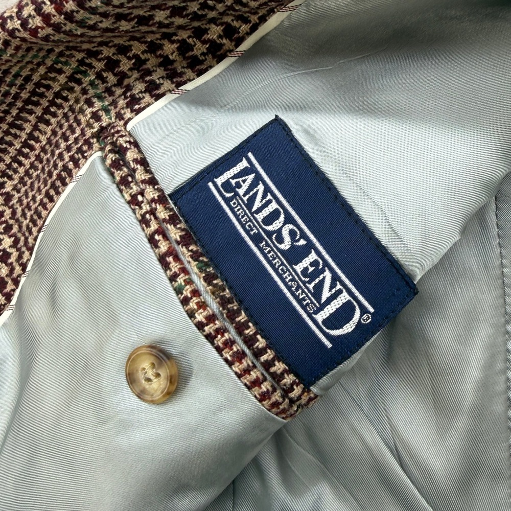 VTG Lands' End Sport Coat Men 40R Burgundy Glen Plaid Wool Tweed Blazer USA Made - Picture 7 of 12